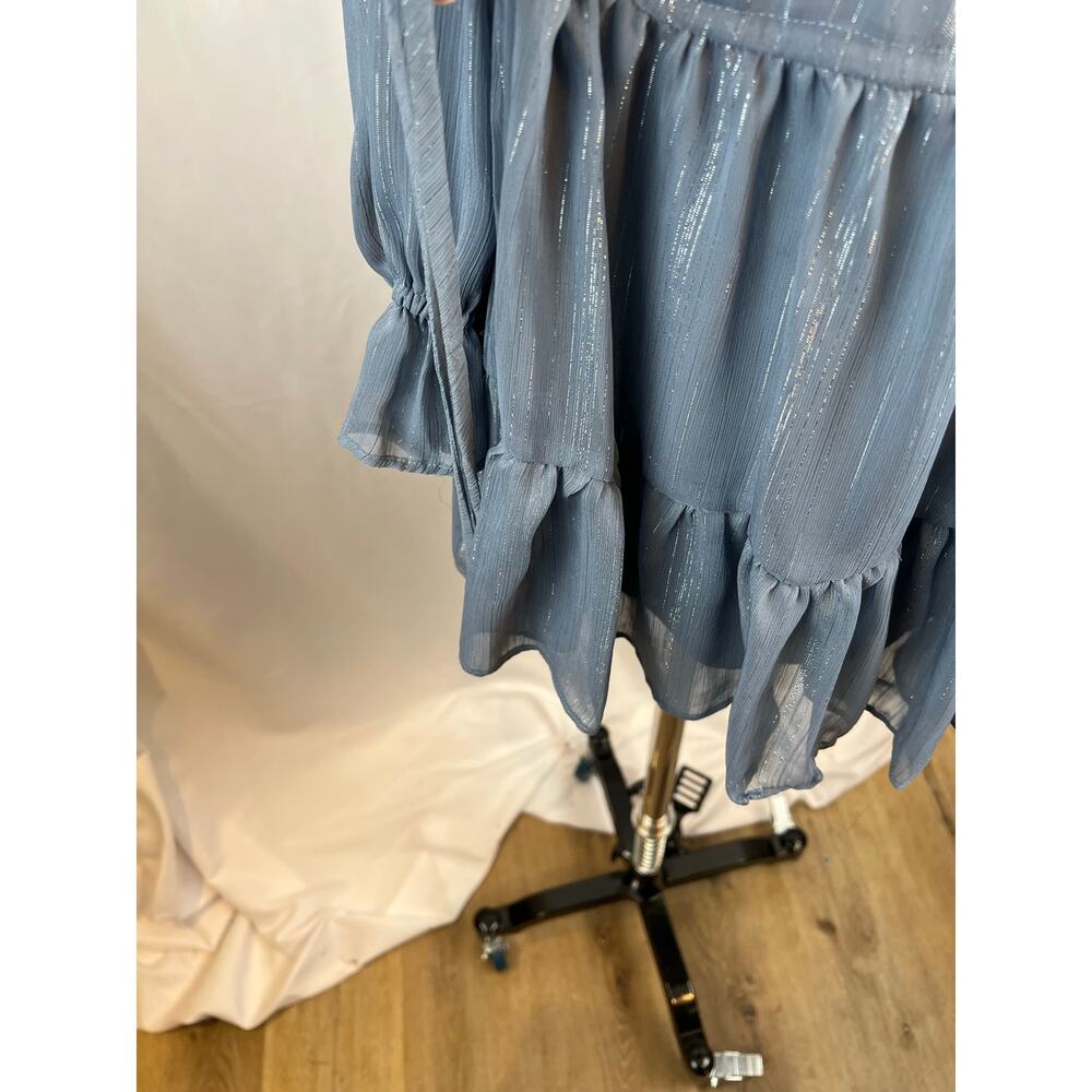 WAYF Dakota Metallic Blue Cutout Tiered Mini Dress Size M Long Sleeve - Picture 7 of 8